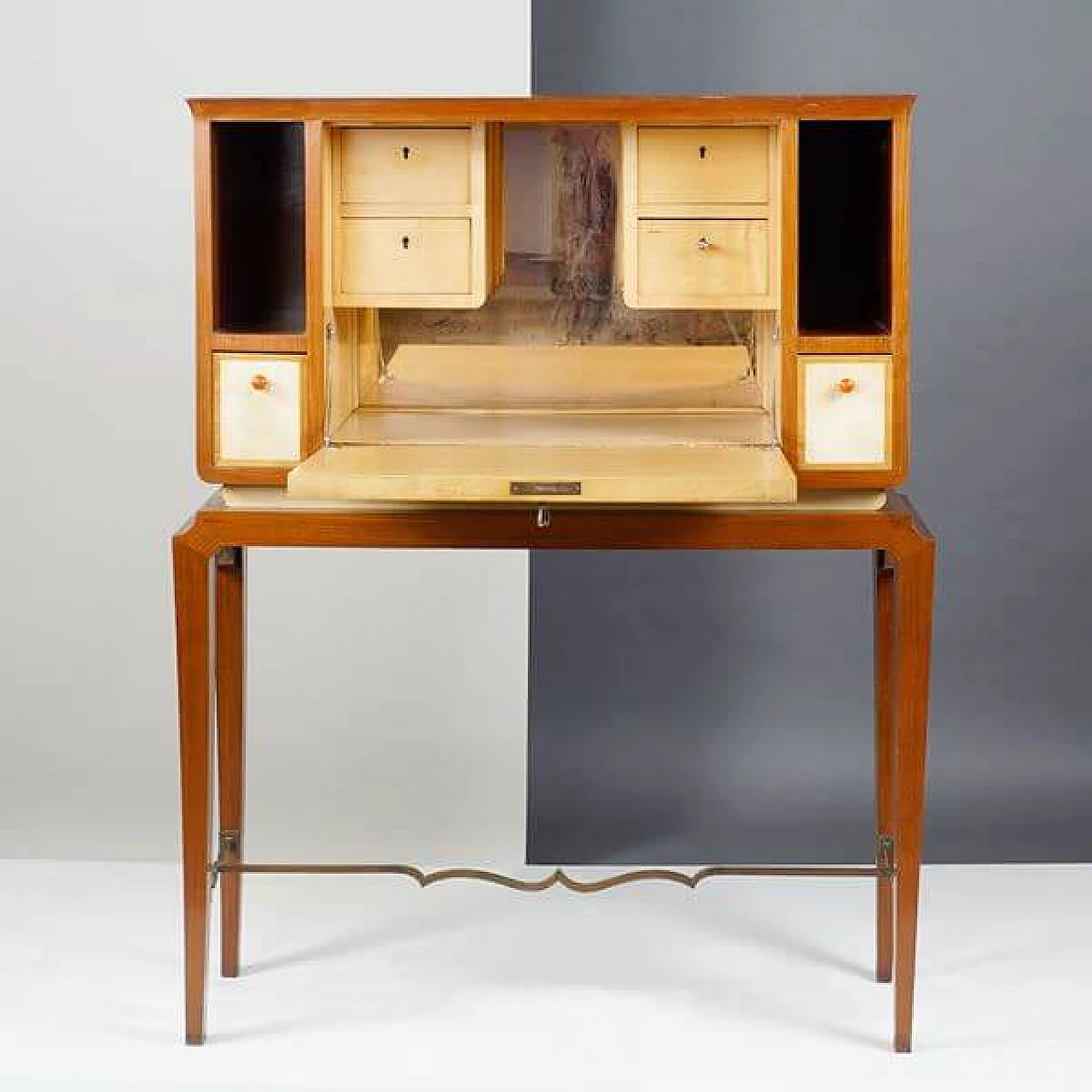 Walnut, parchment, mirror and brass cabinet by Tomaso Buzzi, 1950s 2