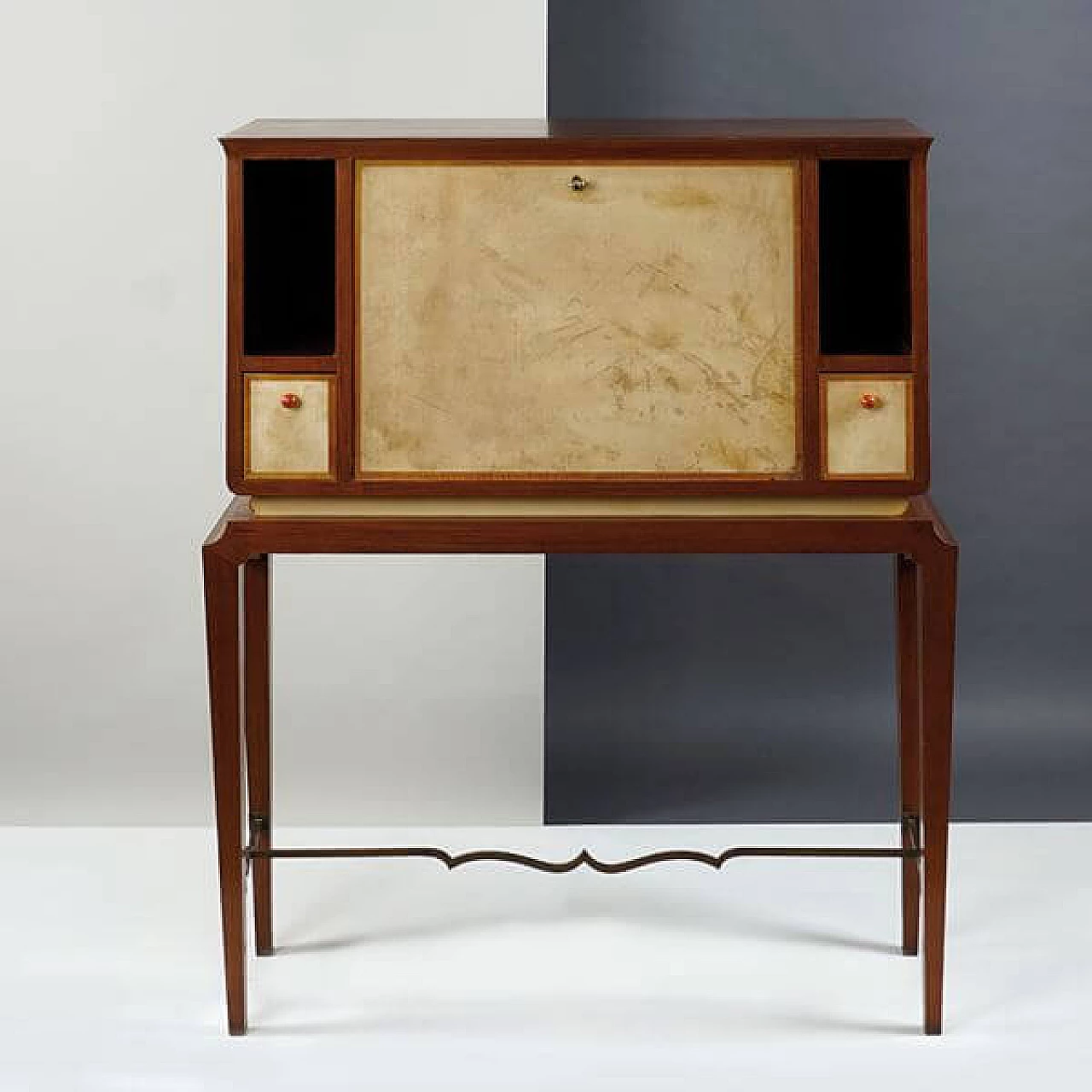 Walnut, parchment, mirror and brass cabinet by Tomaso Buzzi, 1950s 3