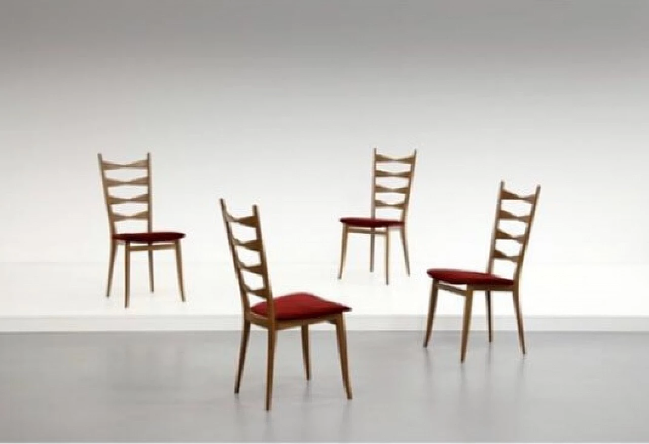 4 Chairs in walnut and red velvet, 1950s 1
