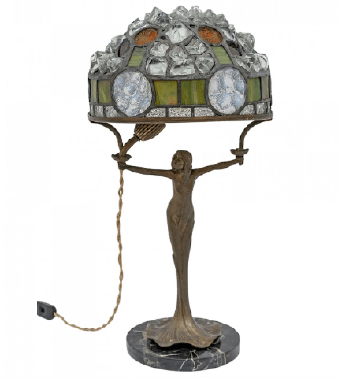 Lampada da tavolo Art Nouveau stile Tiffany in ottone, vetro e cristallo, anni '30 1