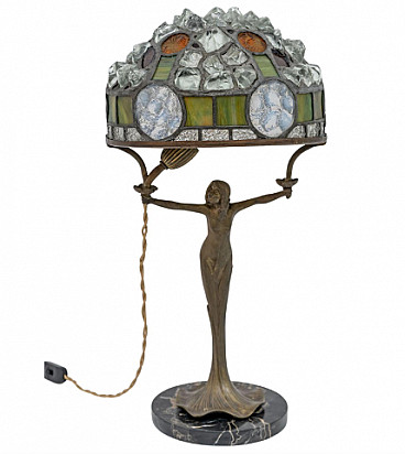 Lampada da tavolo Art Nouveau stile Tiffany in ottone, vetro e cristallo, anni '30