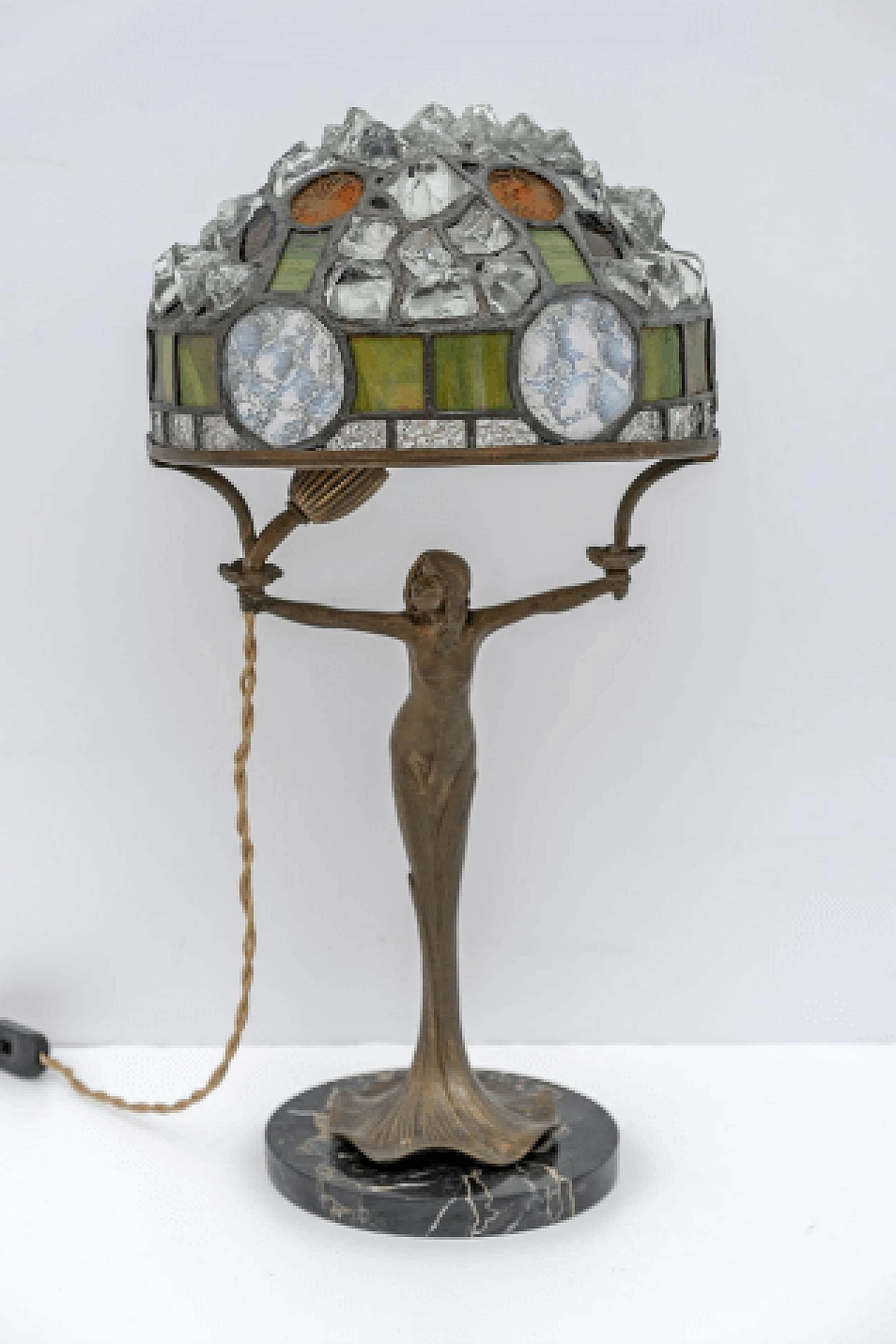 Lampada da tavolo Art Nouveau stile Tiffany in ottone, vetro e cristallo, anni '30 2