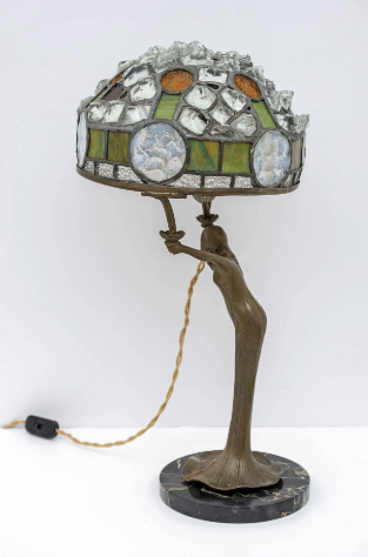 Lampada da tavolo Art Nouveau stile Tiffany in ottone, vetro e cristallo, anni '30 3