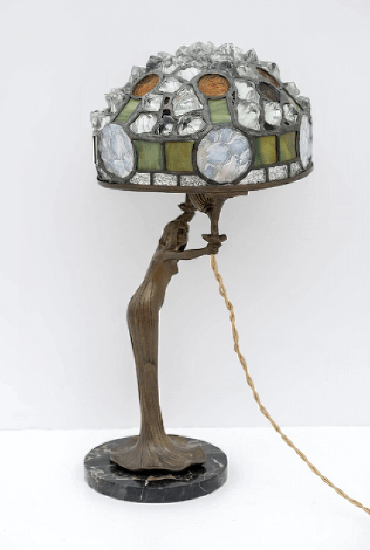 Lampada da tavolo Art Nouveau stile Tiffany in ottone, vetro e cristallo, anni '30 4