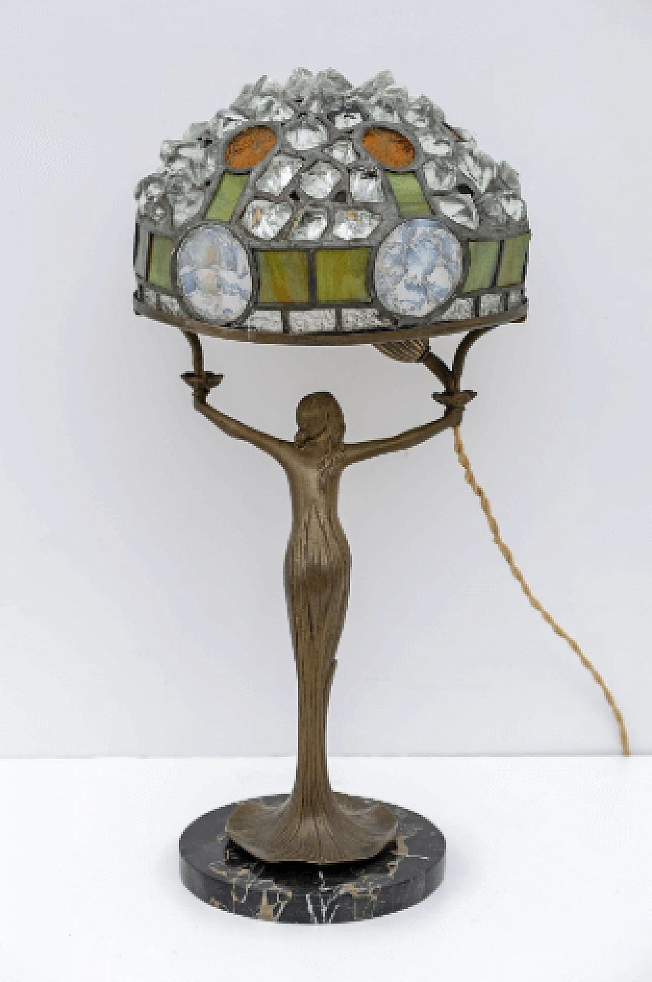 Lampada da tavolo Art Nouveau stile Tiffany in ottone, vetro e cristallo, anni '30 5