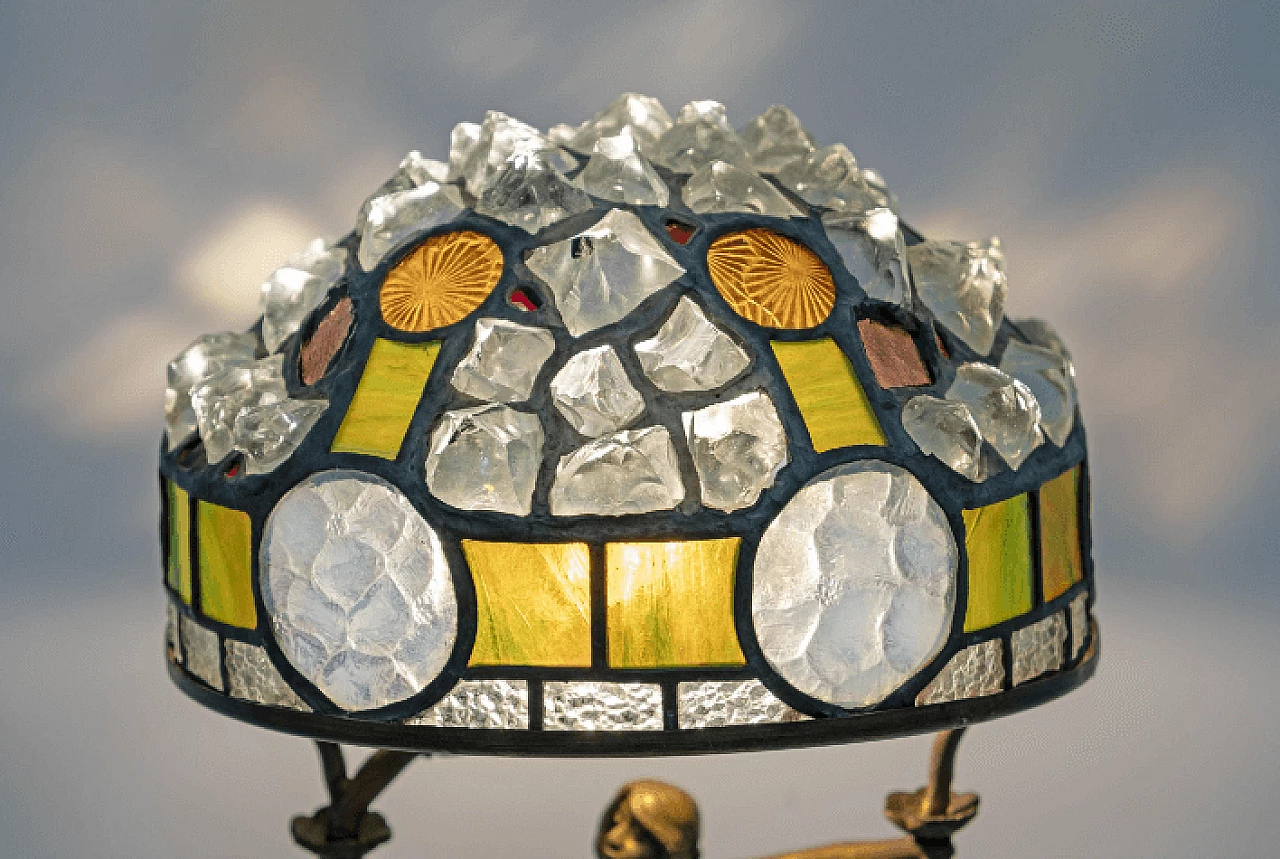Lampada da tavolo Art Nouveau stile Tiffany in ottone, vetro e cristallo, anni '30 8