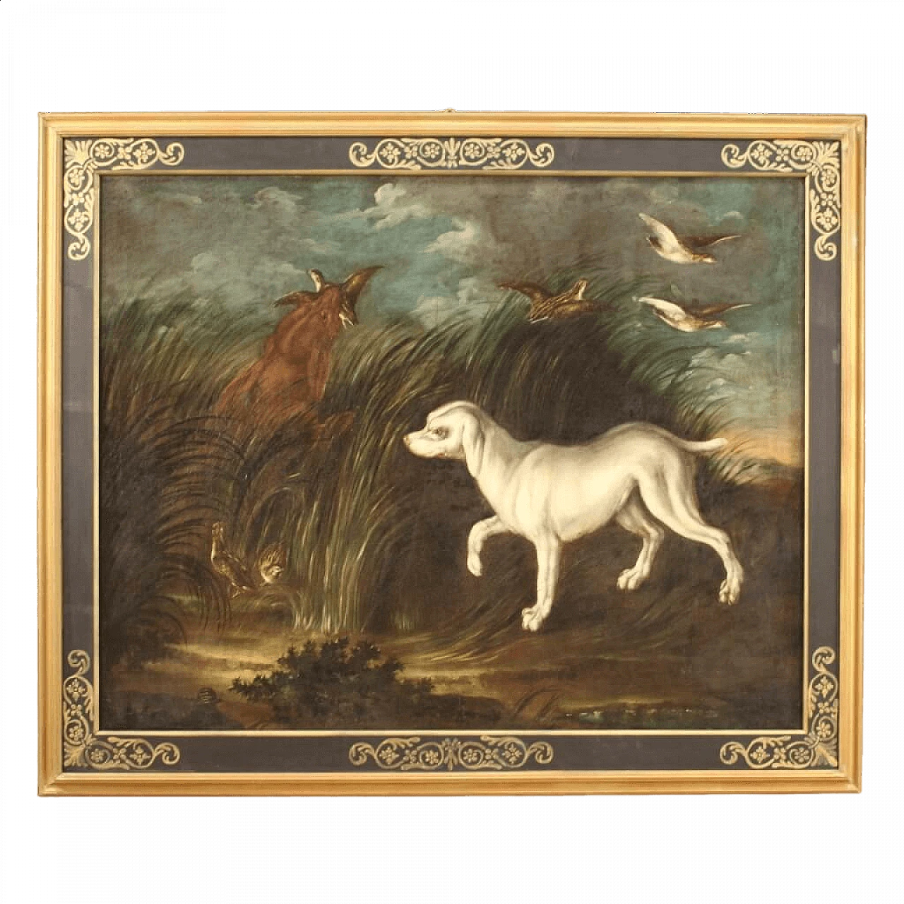 Landscape with hunting dogs and partridges, oil painting on canvas, 18th century 17