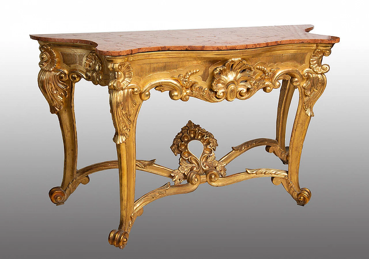 Consolle Luigi Filippo napoletana in legno dorato e marmo rosso, '800 1