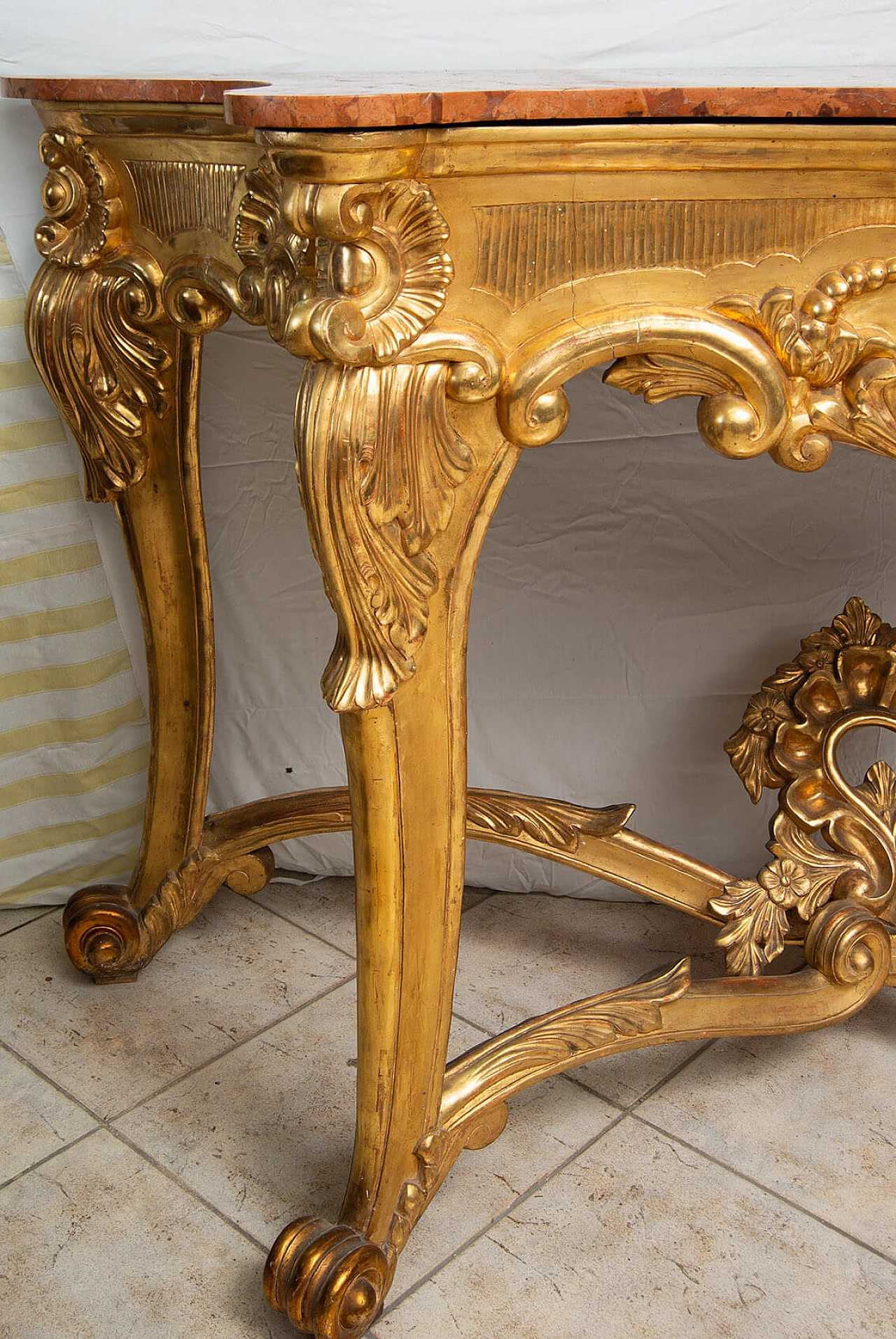 Consolle Luigi Filippo napoletana in legno dorato e marmo rosso, '800 4