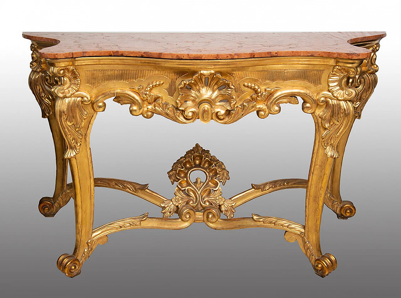 Neapolitan Louis Philippe gilded wood and red marble console, 19th century 7