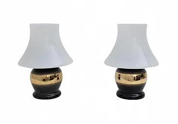Pair of Murano glass table lamps with gilded band, 1970s