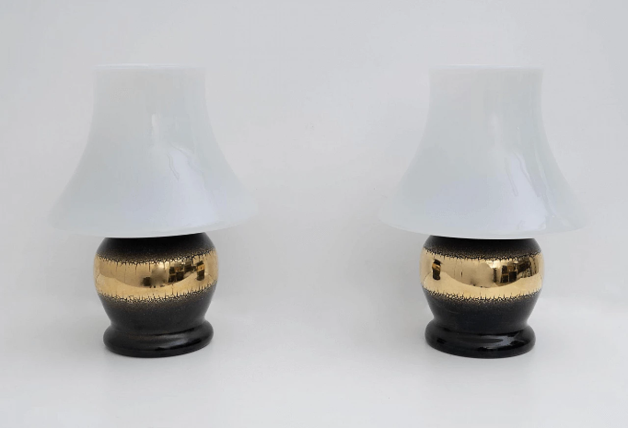Coppia di lampade da tavolo in vetro di Murano con fascia dorata, anni '70 2