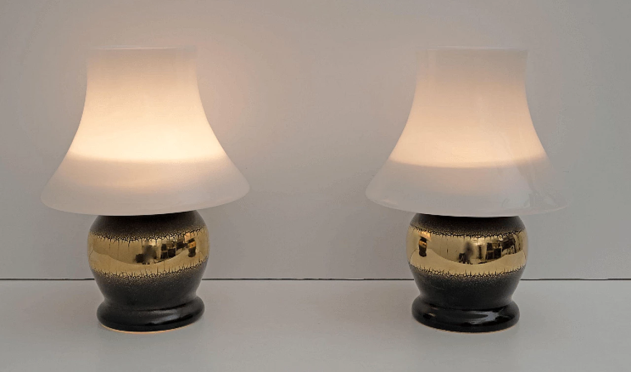 Coppia di lampade da tavolo in vetro di Murano con fascia dorata, anni '70 3