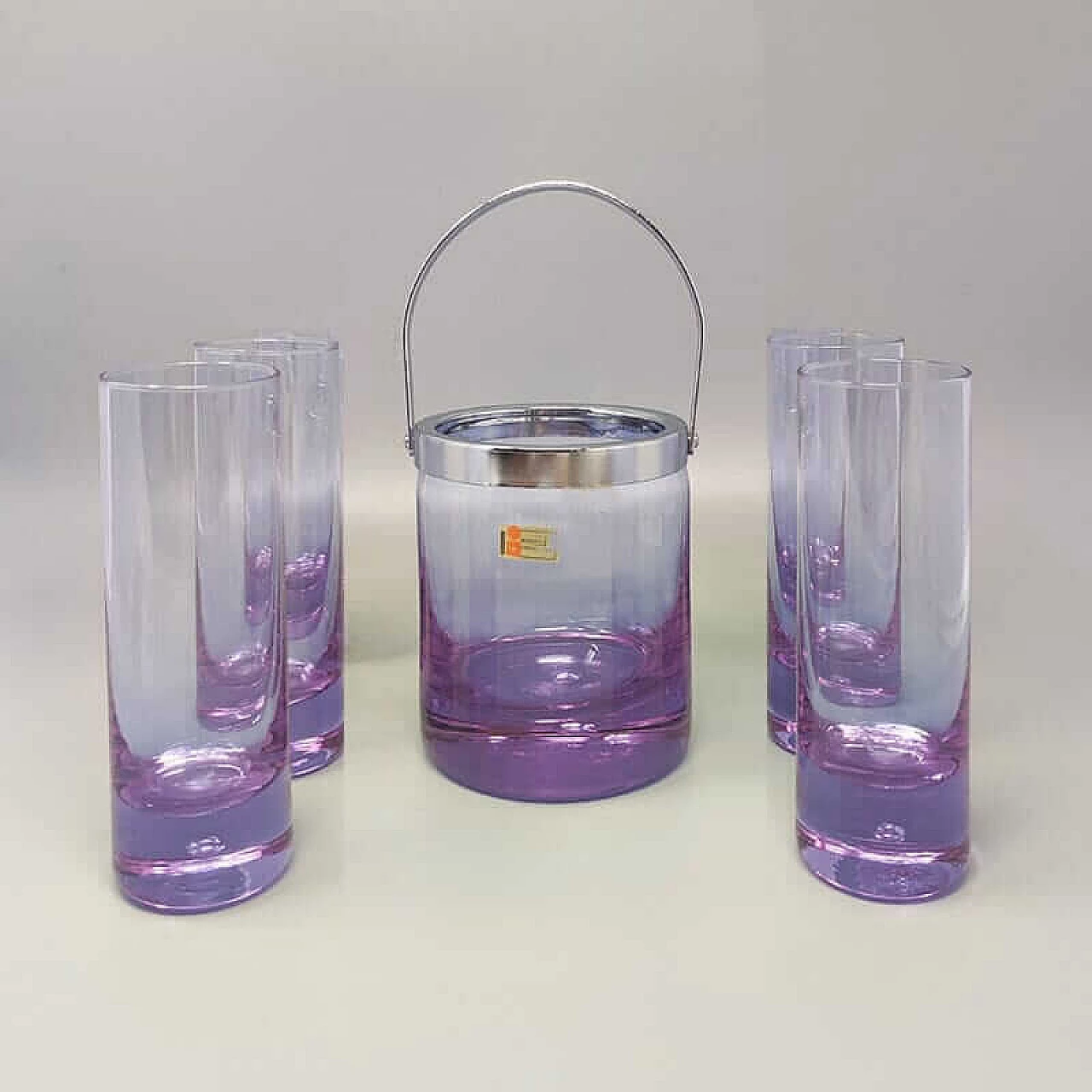 4 Bicchieri e secchiello per ghiaccio in cristallo viola di Ivat, anni '70 2