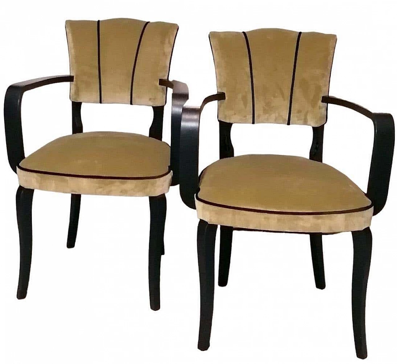 Pair of Bridge armchairs in black lacquered wood, 1950s 1