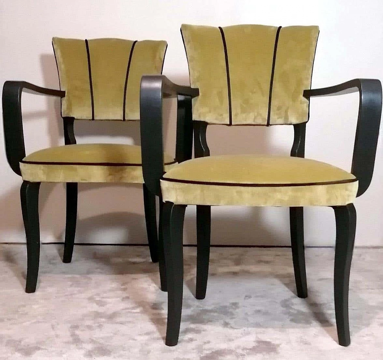 Pair of Bridge armchairs in black lacquered wood, 1950s 5