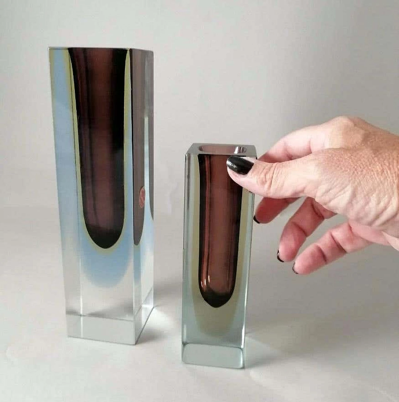 Pair of coloured submerged Murano glass vases, 1960s 13