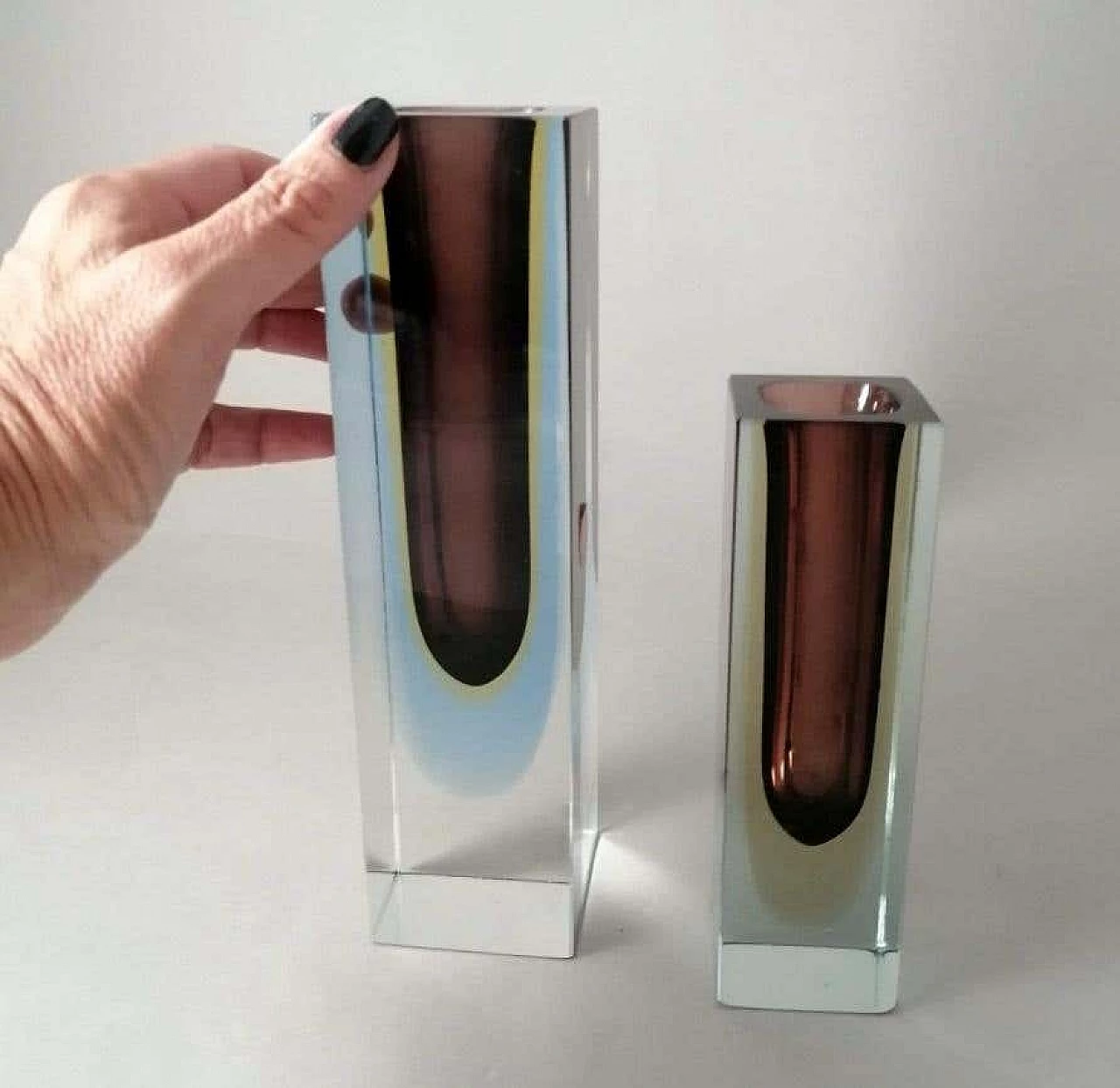 Pair of coloured submerged Murano glass vases, 1960s 14