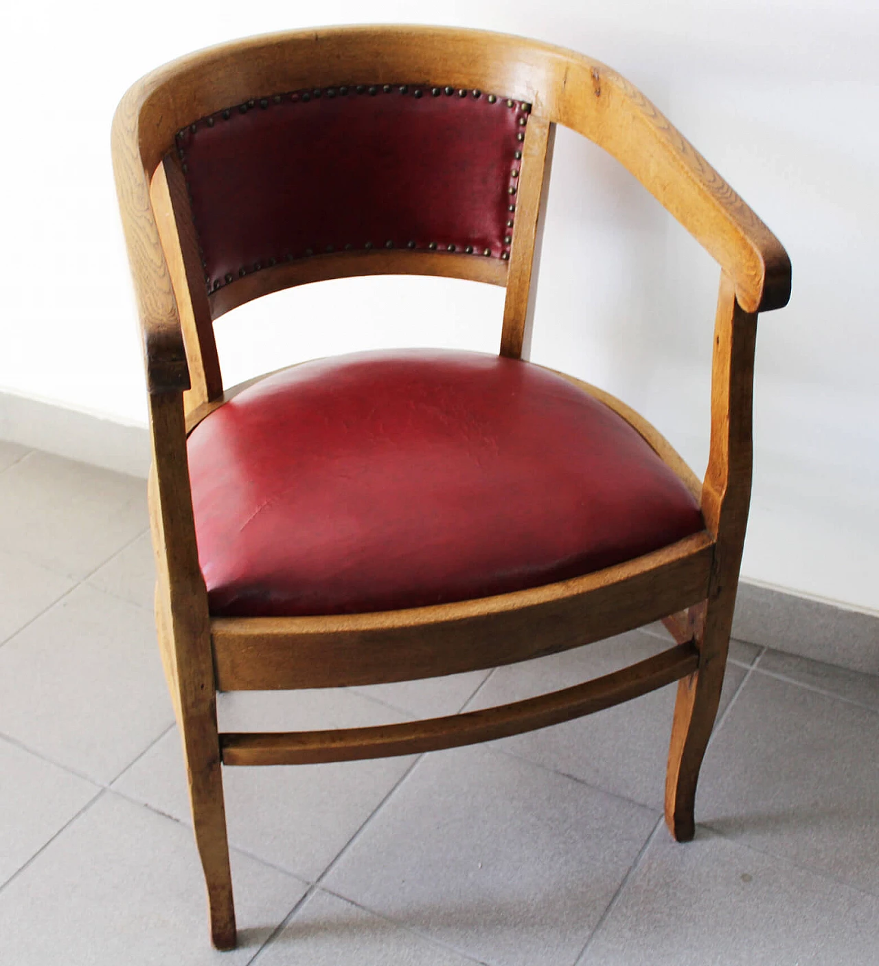 English wood and burgundy leather armchair, 1970s 1