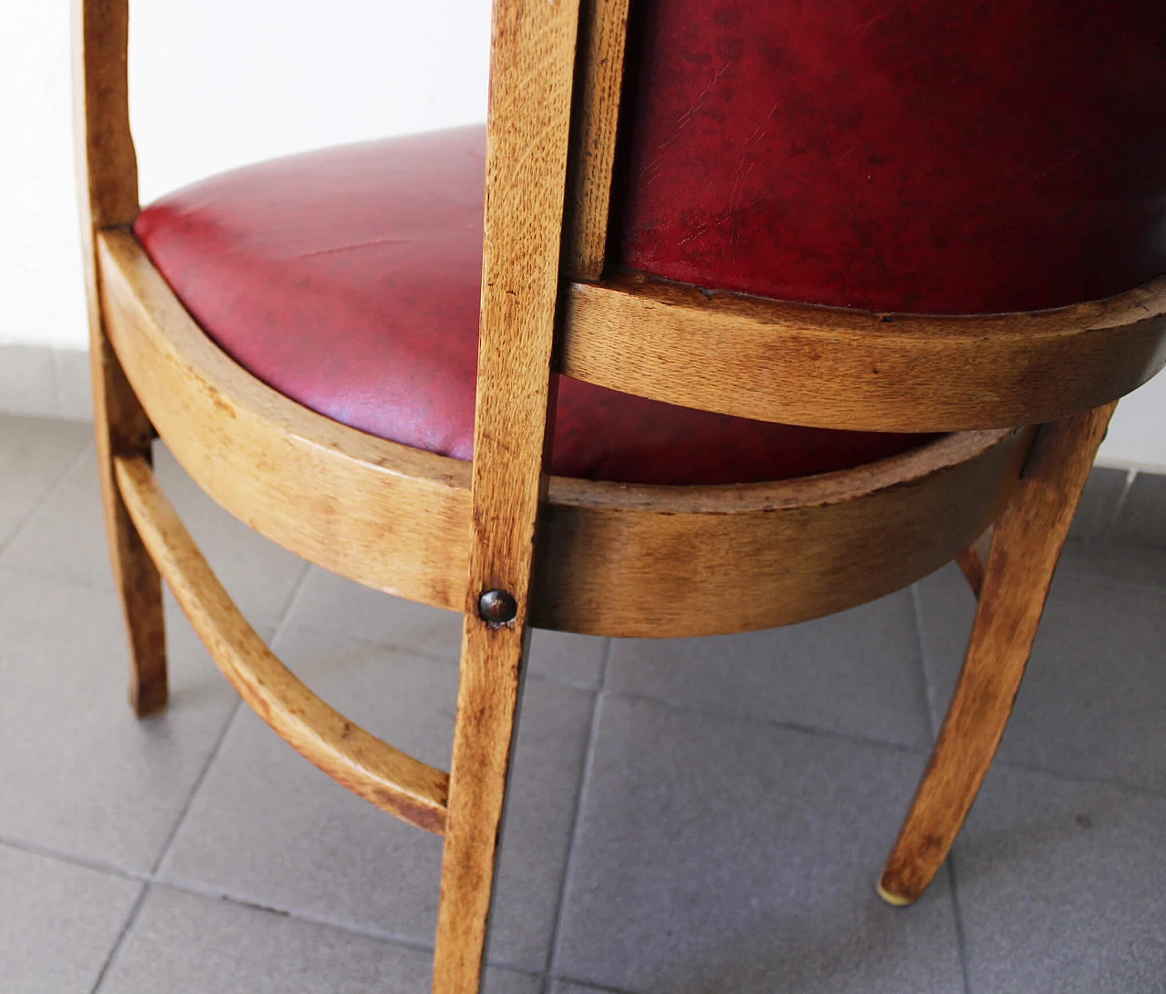 English wood and burgundy leather armchair, 1970s 2