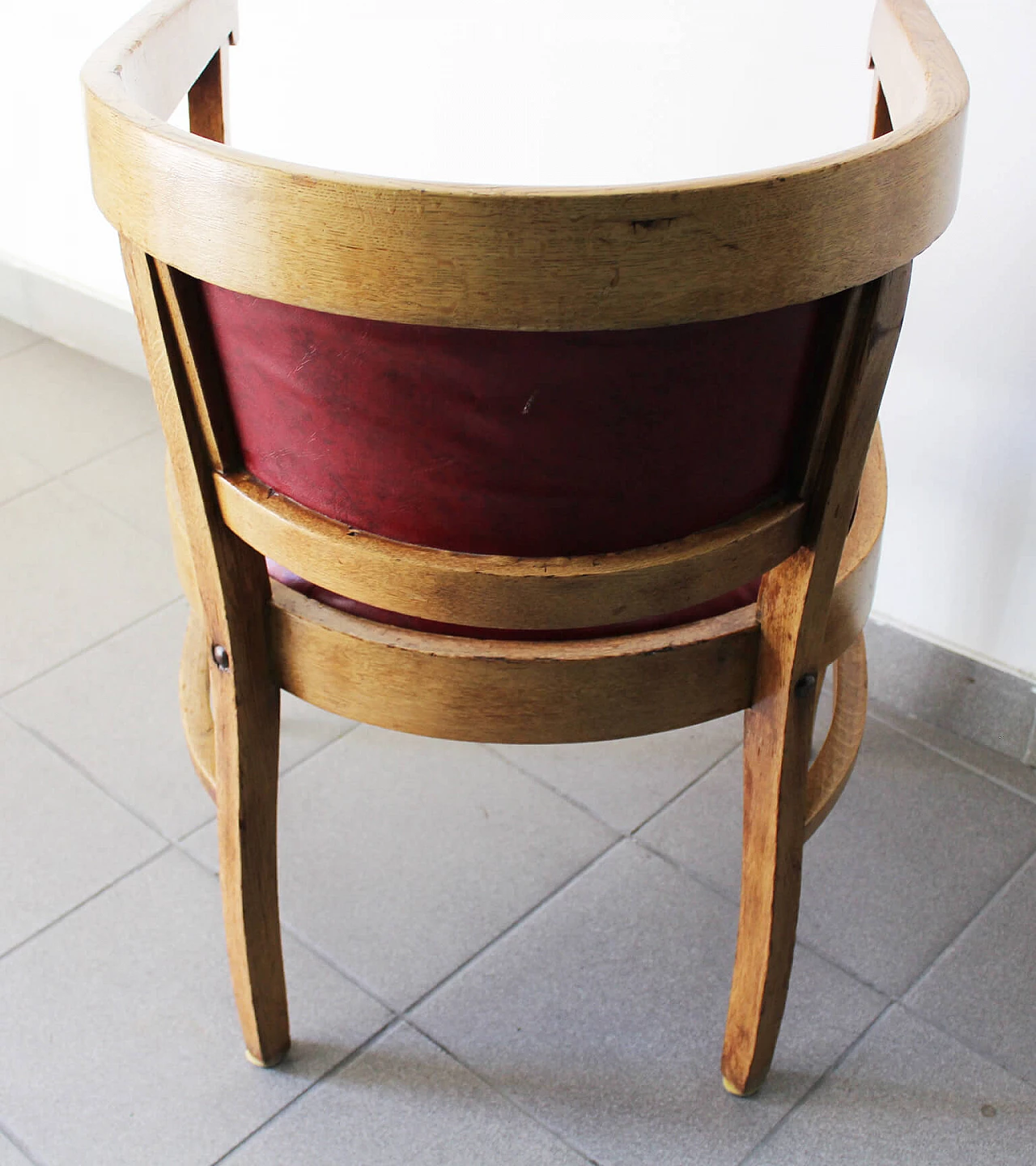 English wood and burgundy leather armchair, 1970s 3