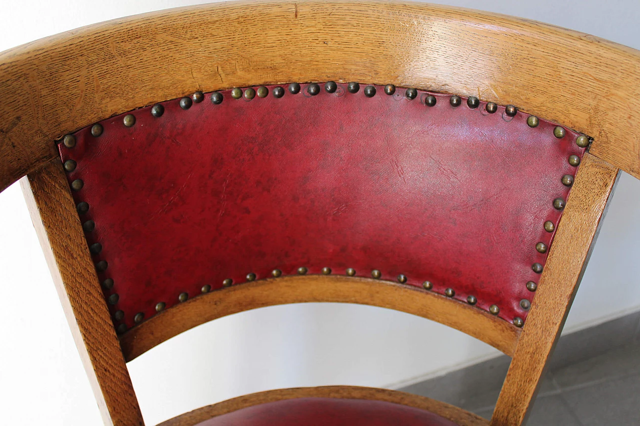 English wood and burgundy leather armchair, 1970s 4