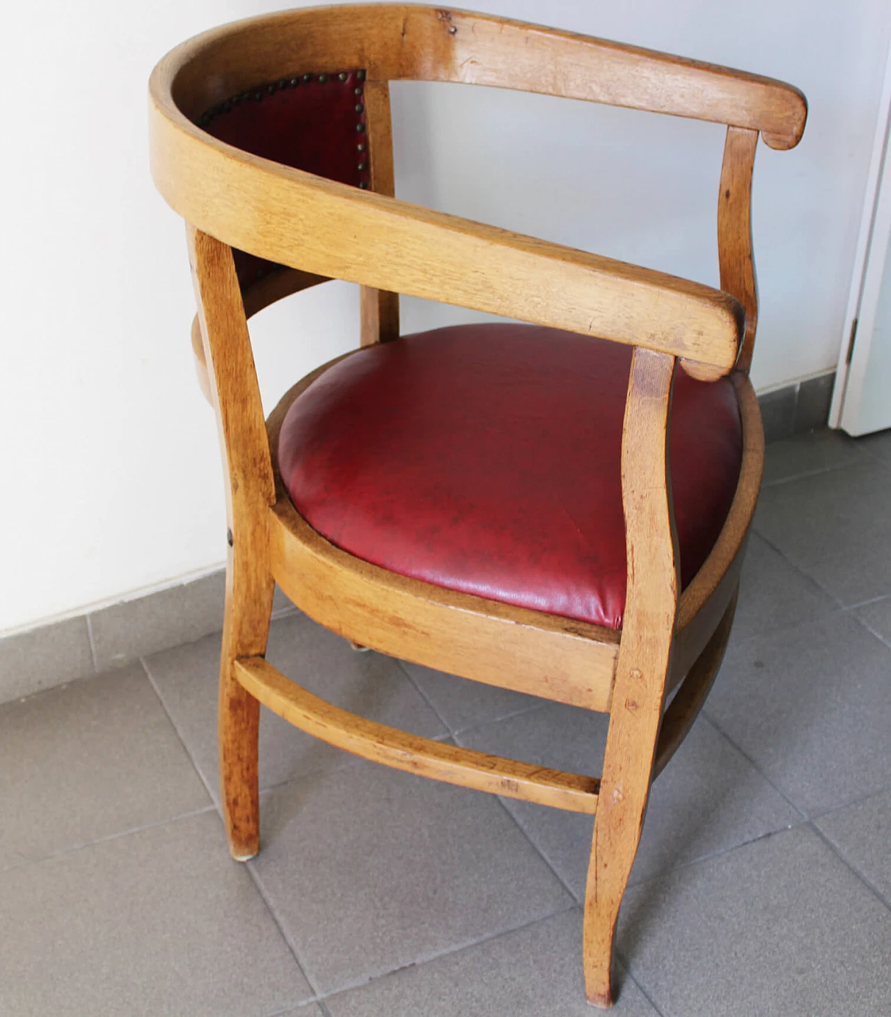 English wood and burgundy leather armchair, 1970s 5