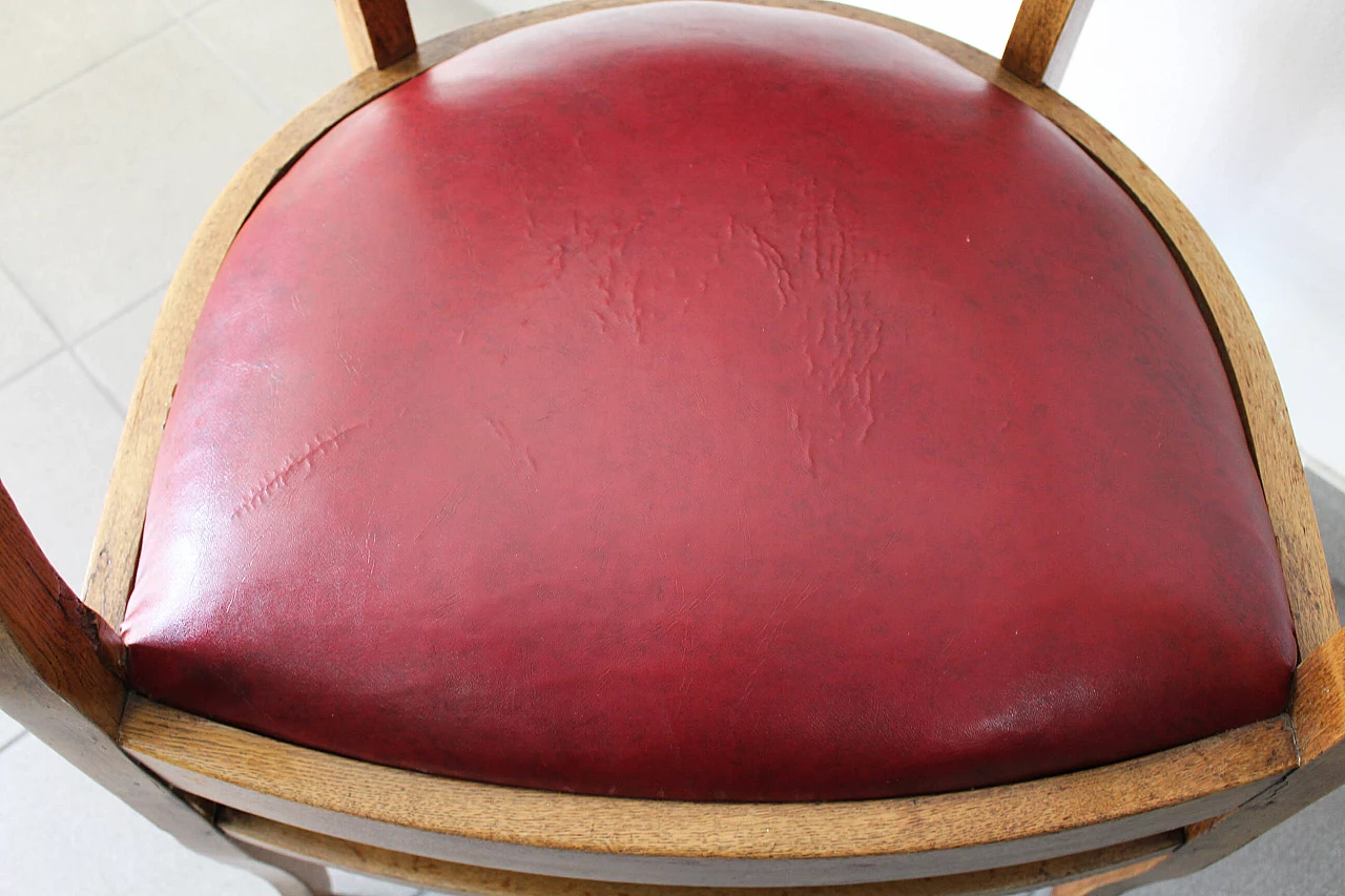 English wood and burgundy leather armchair, 1970s 6