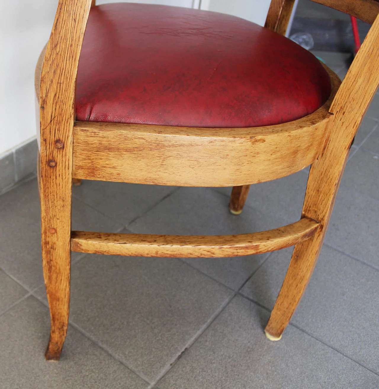 English wood and burgundy leather armchair, 1970s 7