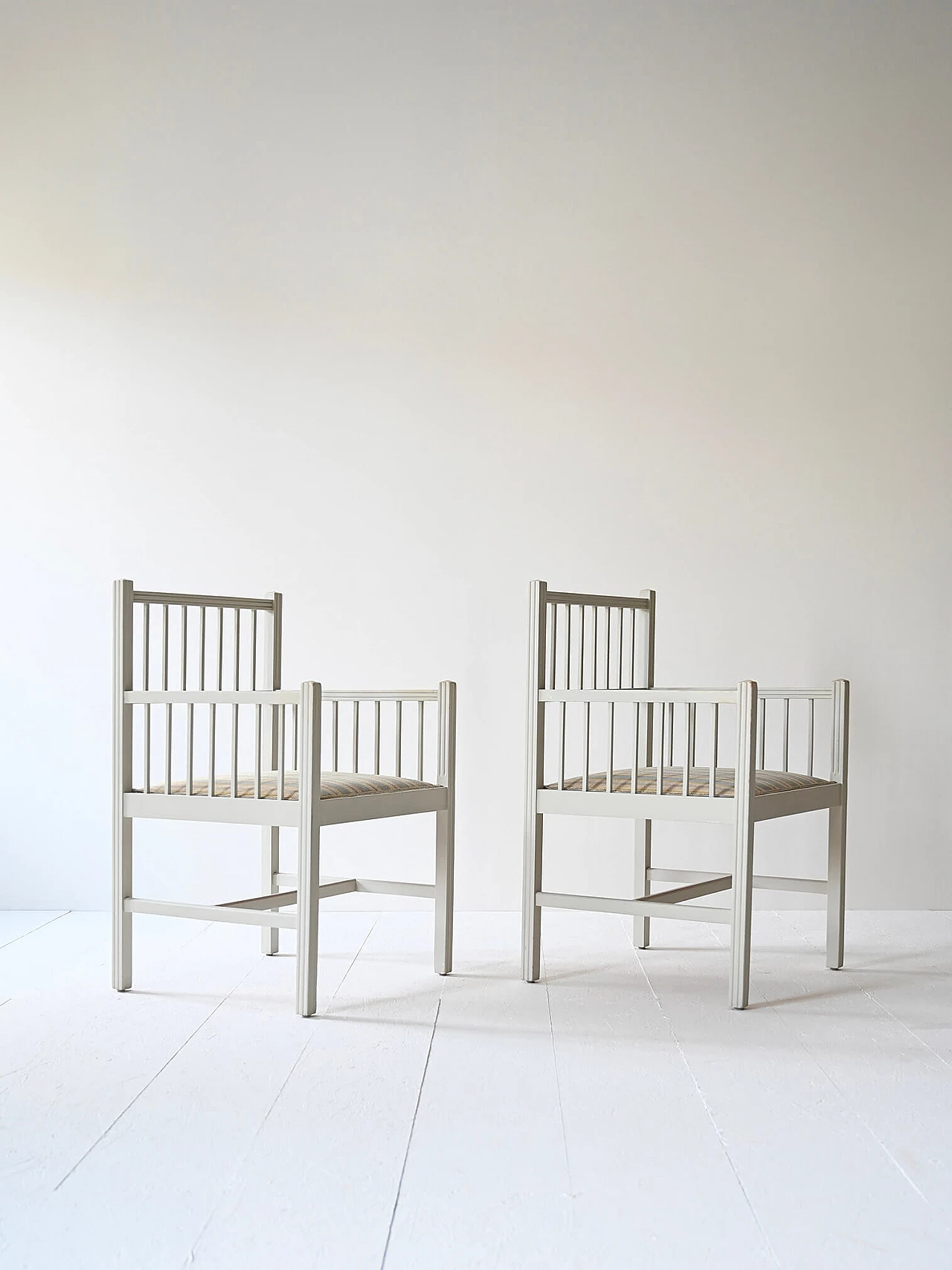 Pair of Swedish white wood and striped fabric armchairs, 1970s 2