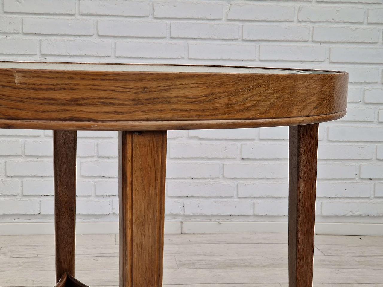 Danish round oak coffee table with glass top, 1950s 8
