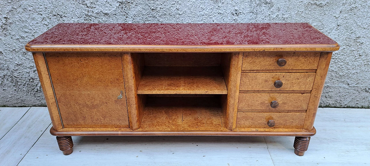 Credenza Art Déco in radica con piano in vetro bordeaux, anni '30 4