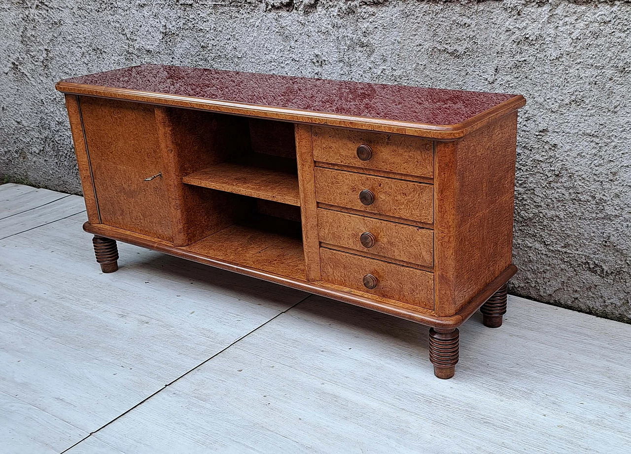 Credenza Art Déco in radica con piano in vetro bordeaux, anni '30 10