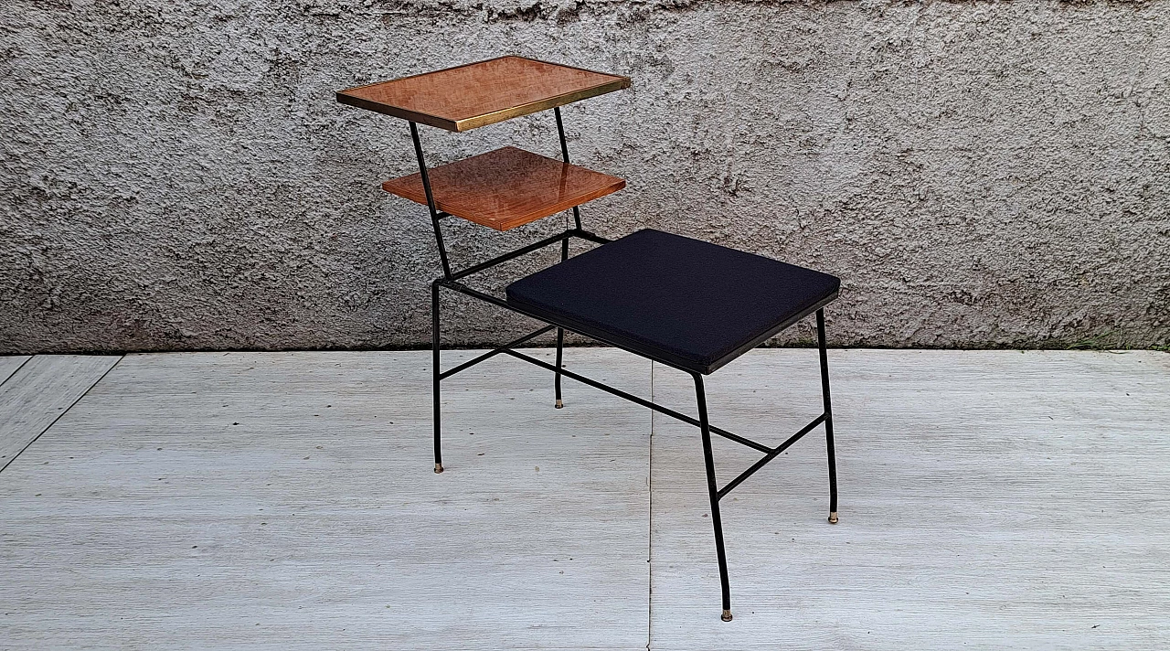 Black iron, wood, brass and fabric gossip chair, 1960s 3