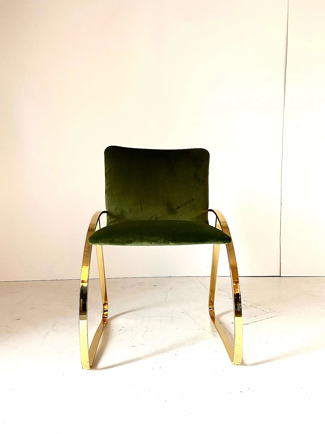 Sedia in velluto verde ed acciaio cromato dorato, anni '70 2