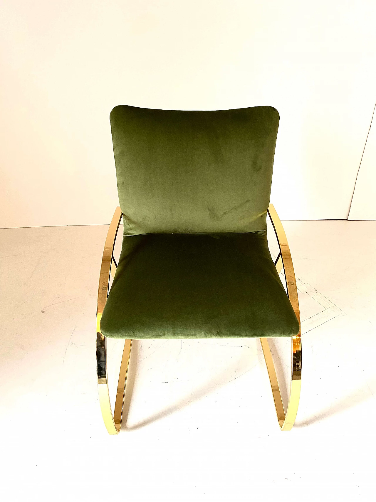 Sedia in velluto verde ed acciaio cromato dorato, anni '70 3