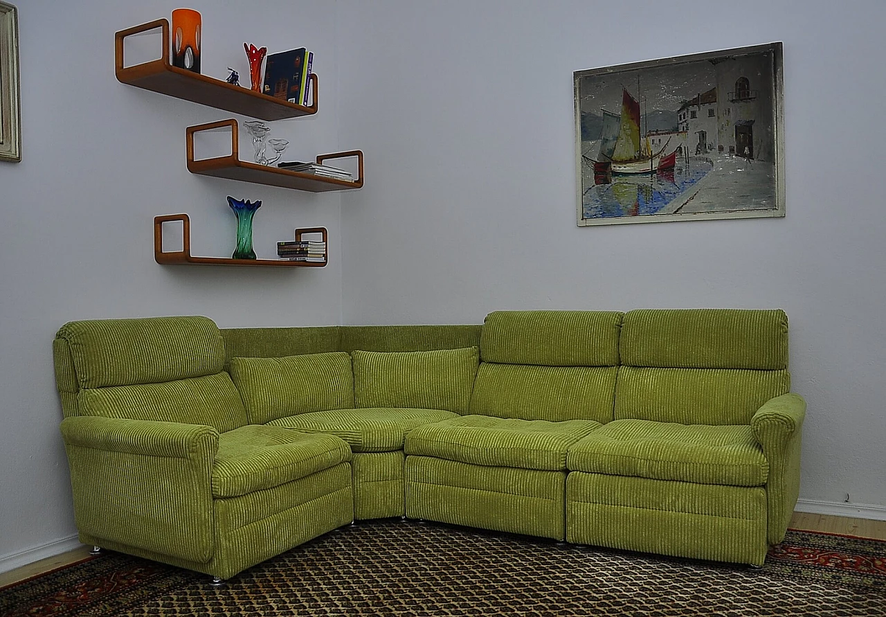Modular green corduroy corner sofa, 1970s 1
