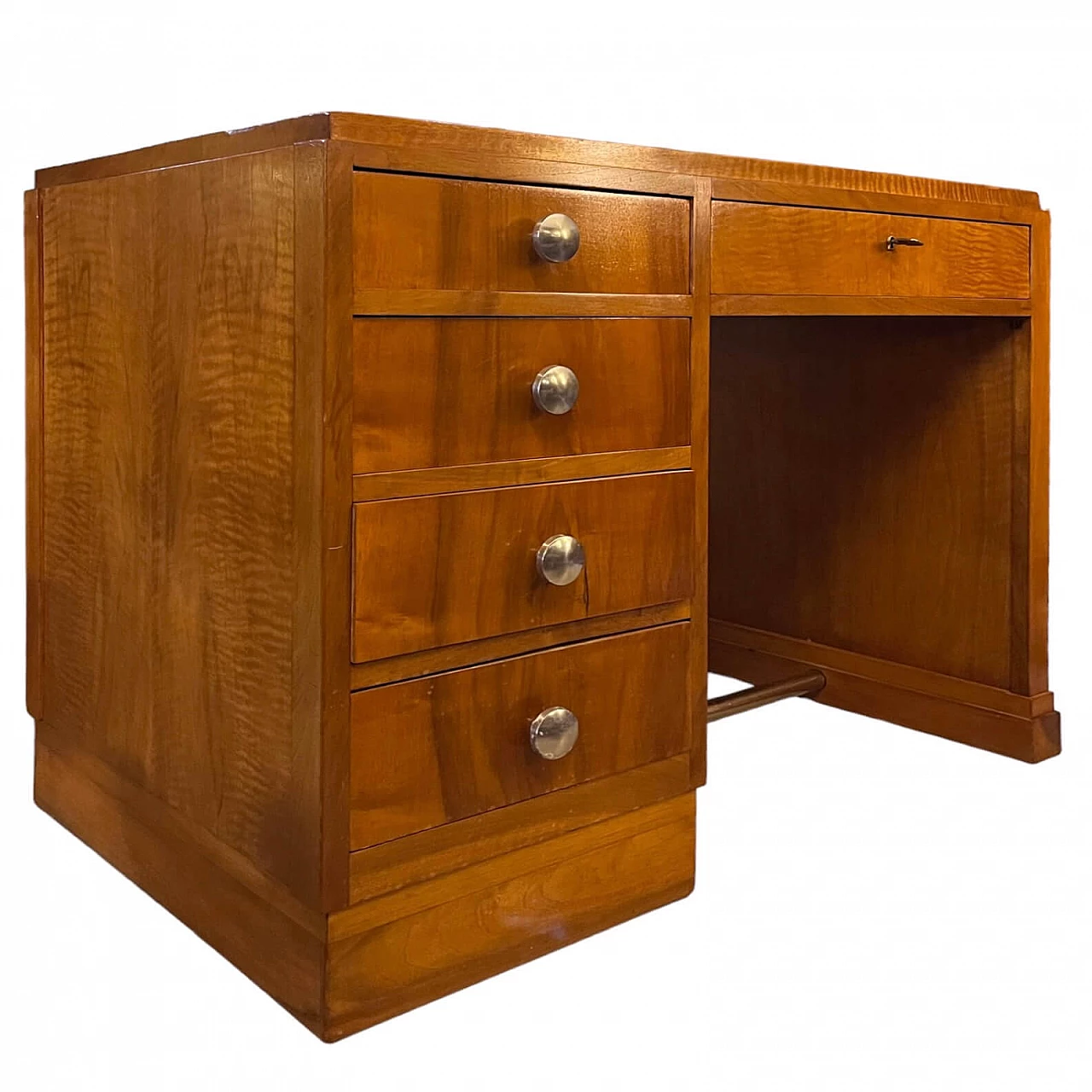 Scrittoio da centro Art Déco in noce con pomelli nichelati, anni '40 4