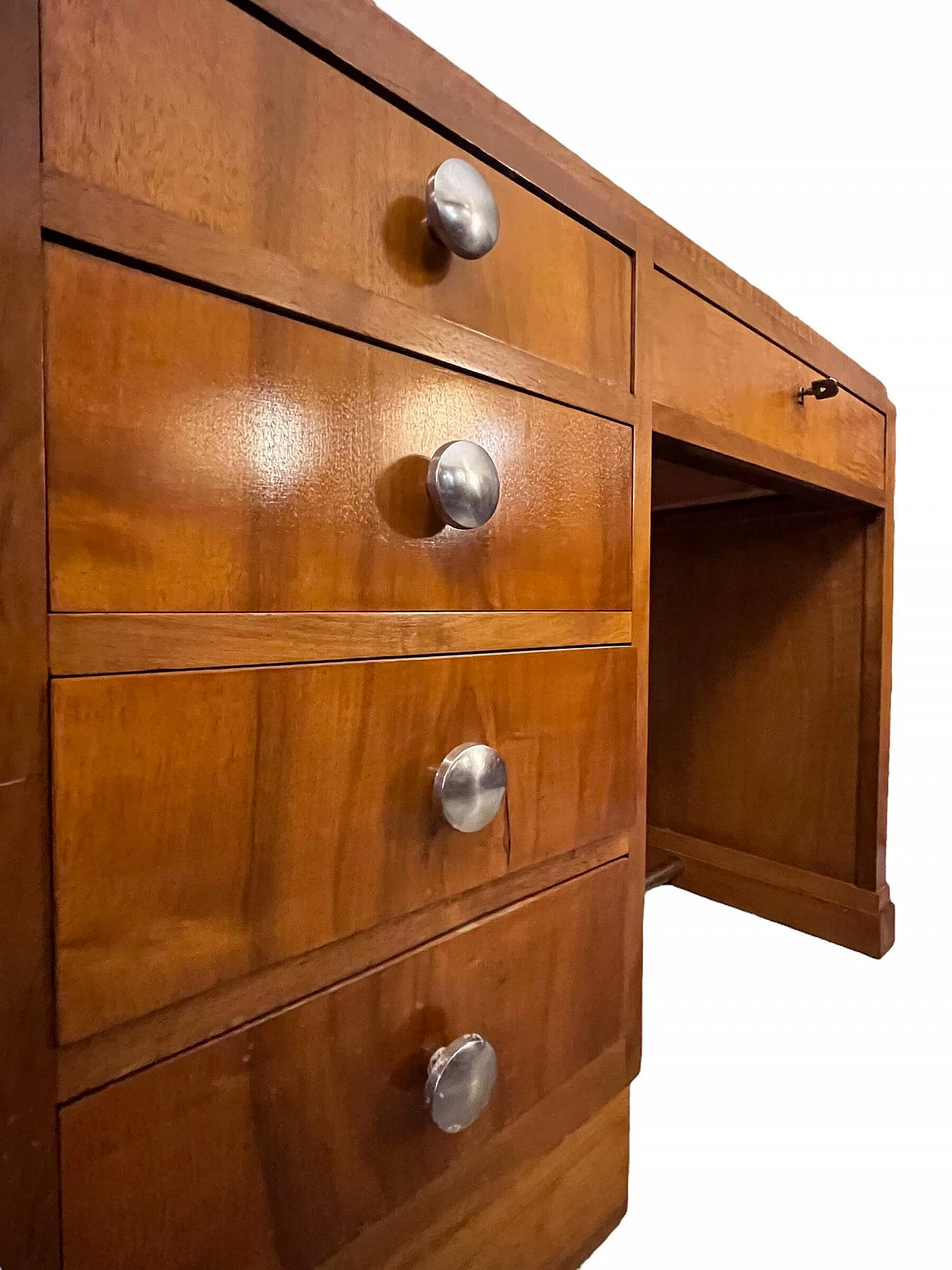 Art Deco walnut centre desk with nickel-plated knobs, 1930s 8