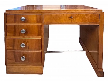 Art Deco walnut centre desk with nickel-plated knobs, 1930s