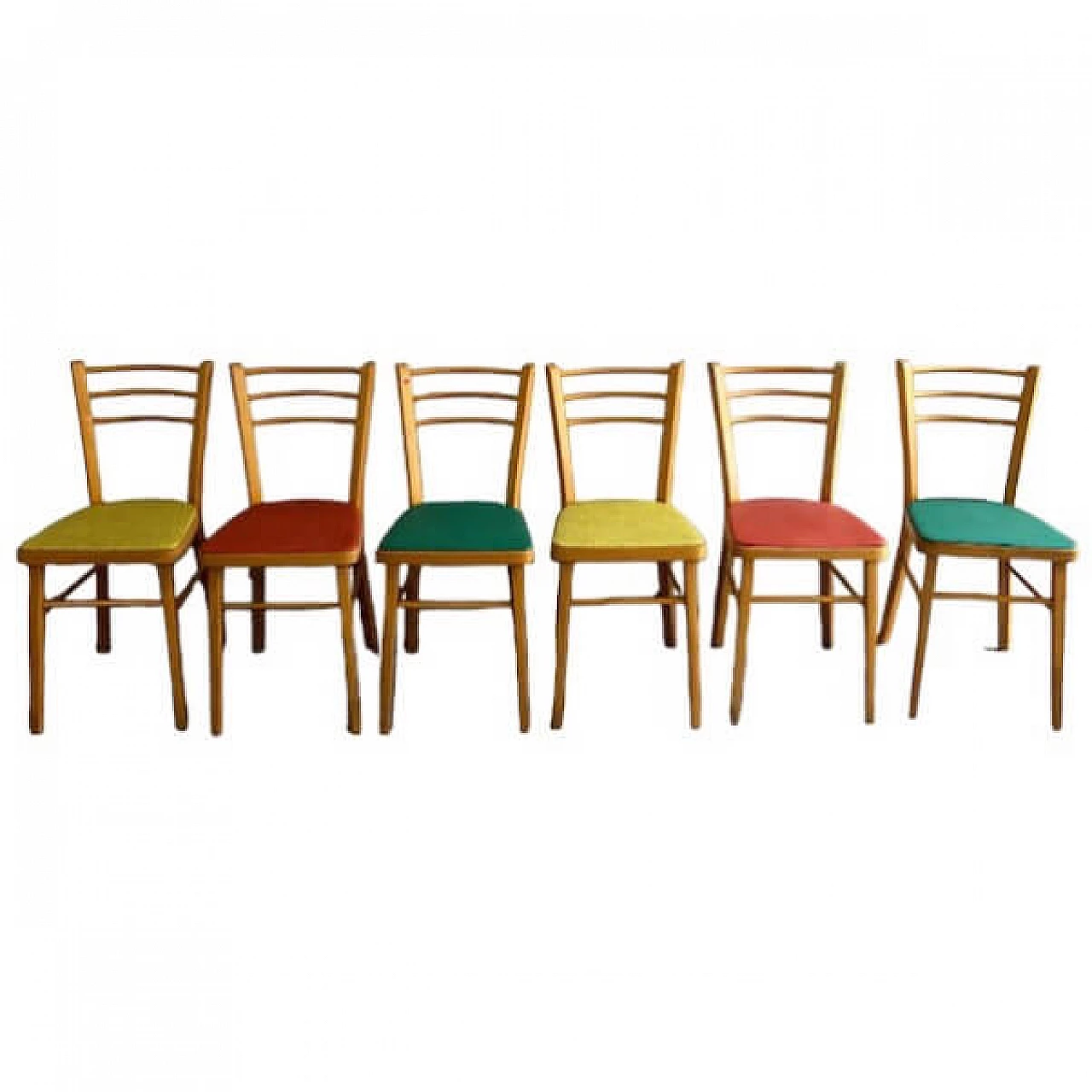6 Chairs in wood and colored skai, 1960s 11