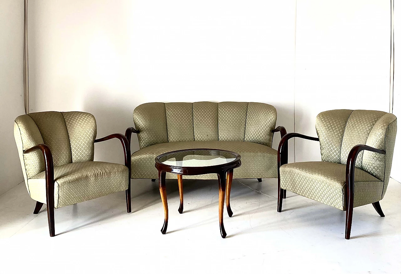 Pair of Art Deco armchairs, sofa and coffee table in solid walnut, 1930s 1