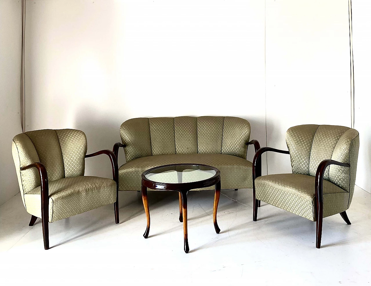 Pair of Art Deco armchairs, sofa and coffee table in solid walnut, 1930s 2