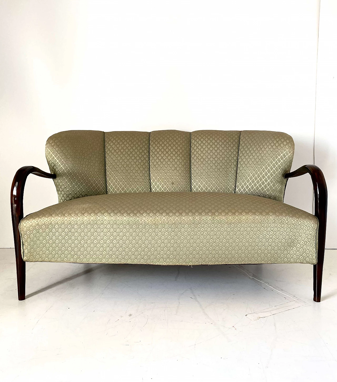 Pair of Art Deco armchairs, sofa and coffee table in solid walnut, 1930s 9