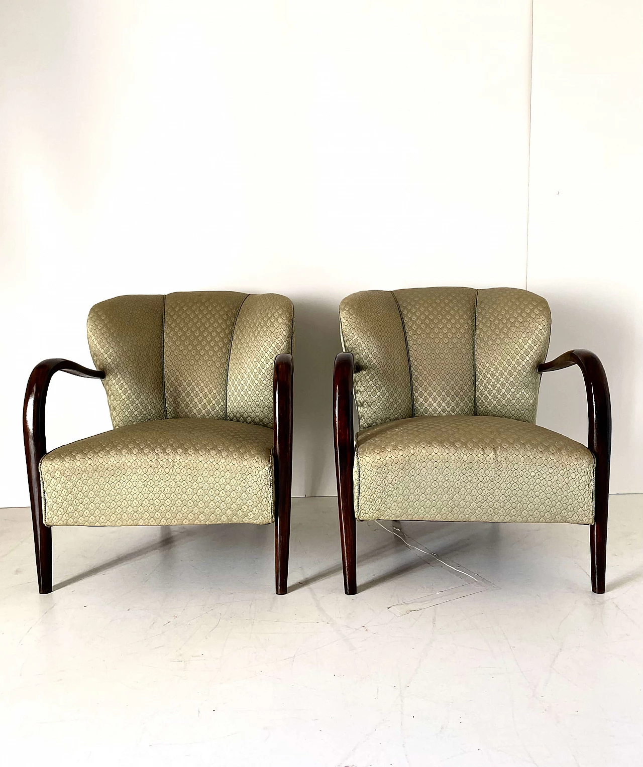 Pair of Art Deco armchairs, sofa and coffee table in solid walnut, 1930s 15