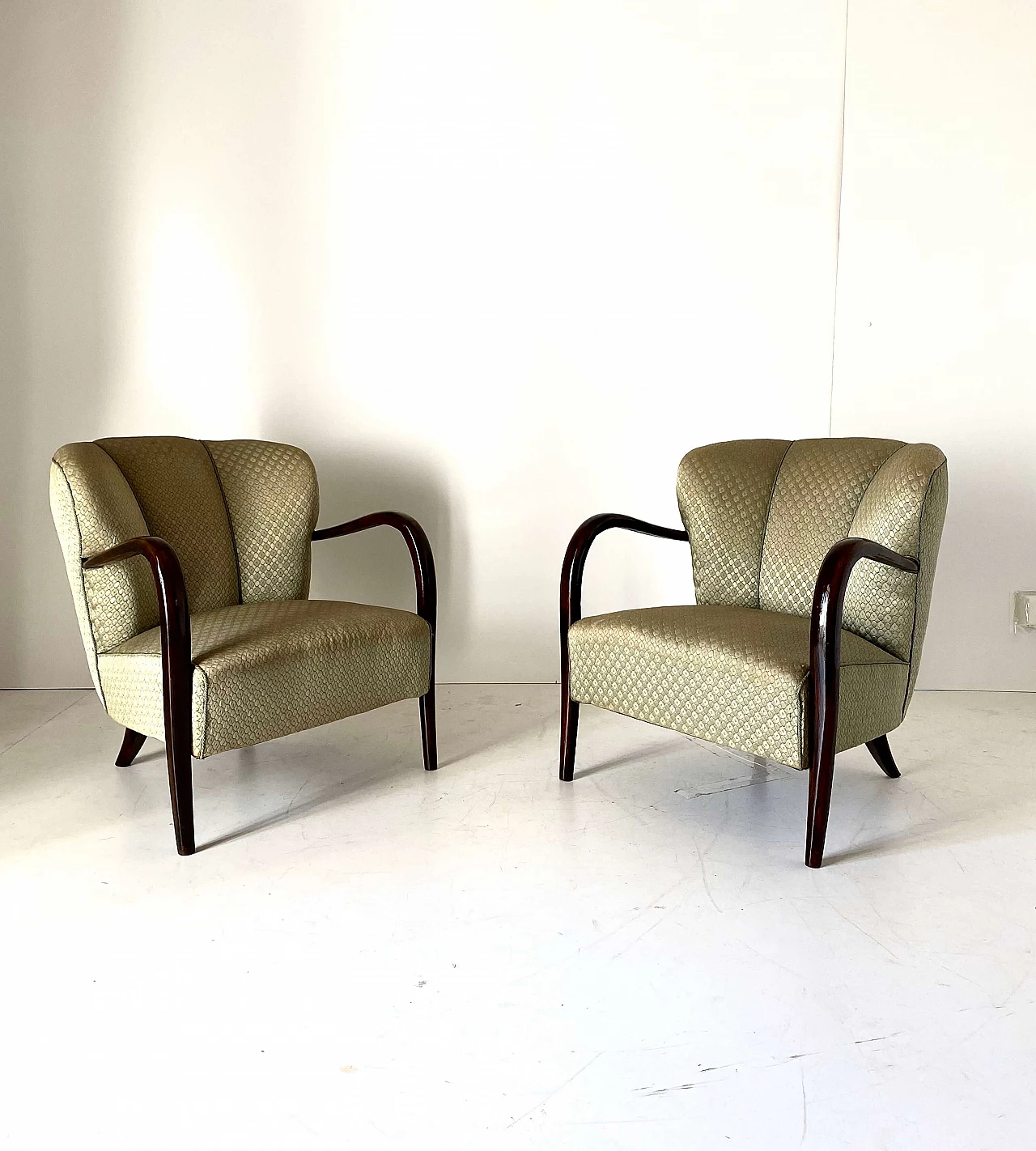Pair of Art Deco armchairs, sofa and coffee table in solid walnut, 1930s 17