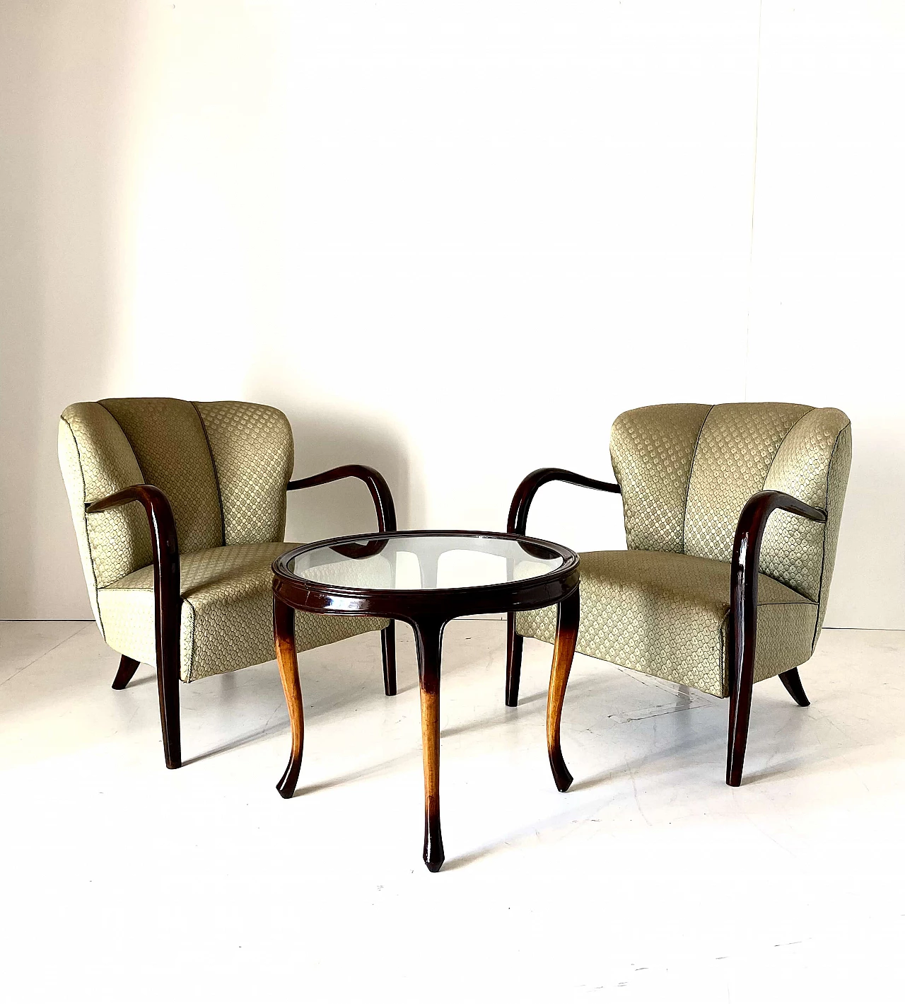 Pair of Art Deco armchairs, sofa and coffee table in solid walnut, 1930s 18