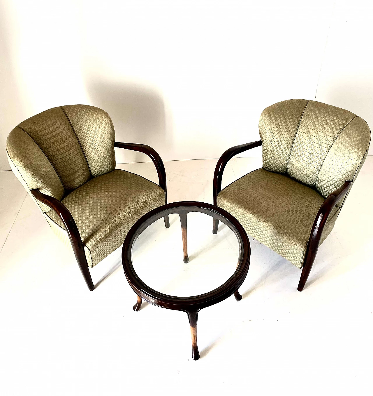 Coppia di poltrone, divano e tavolino Art Deco in noce massello, anni '30 19