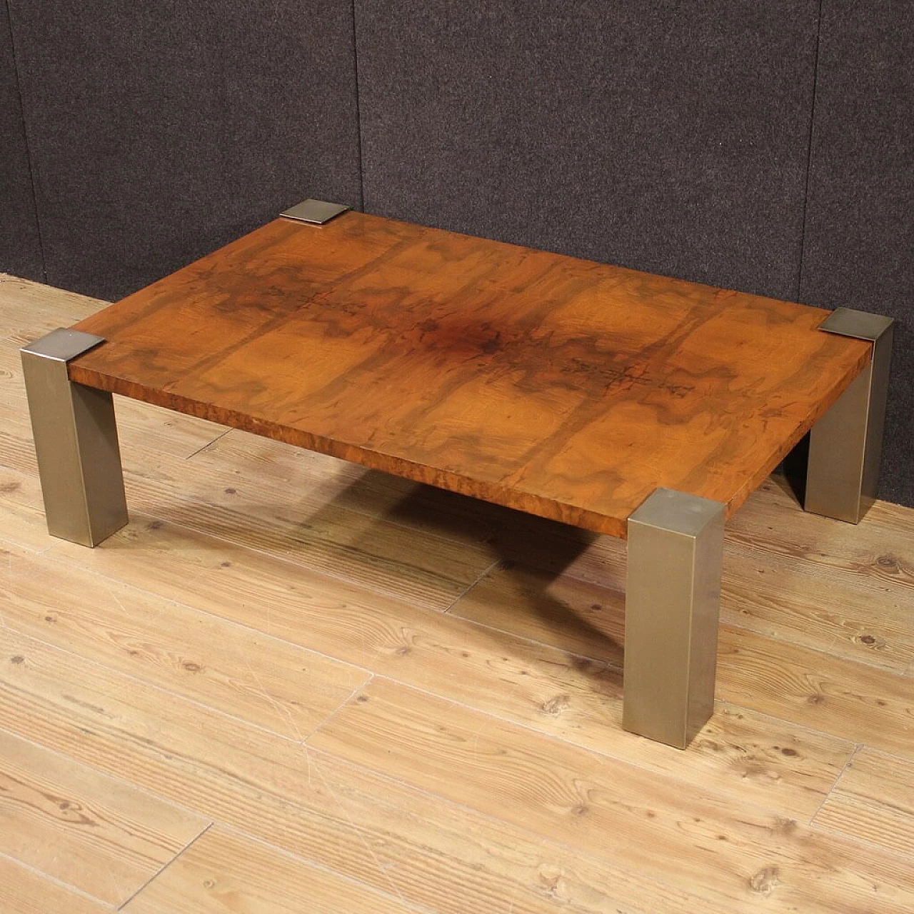 Coffee table with wooden top veneered in walnut with chromed metal legs, 1970s 5