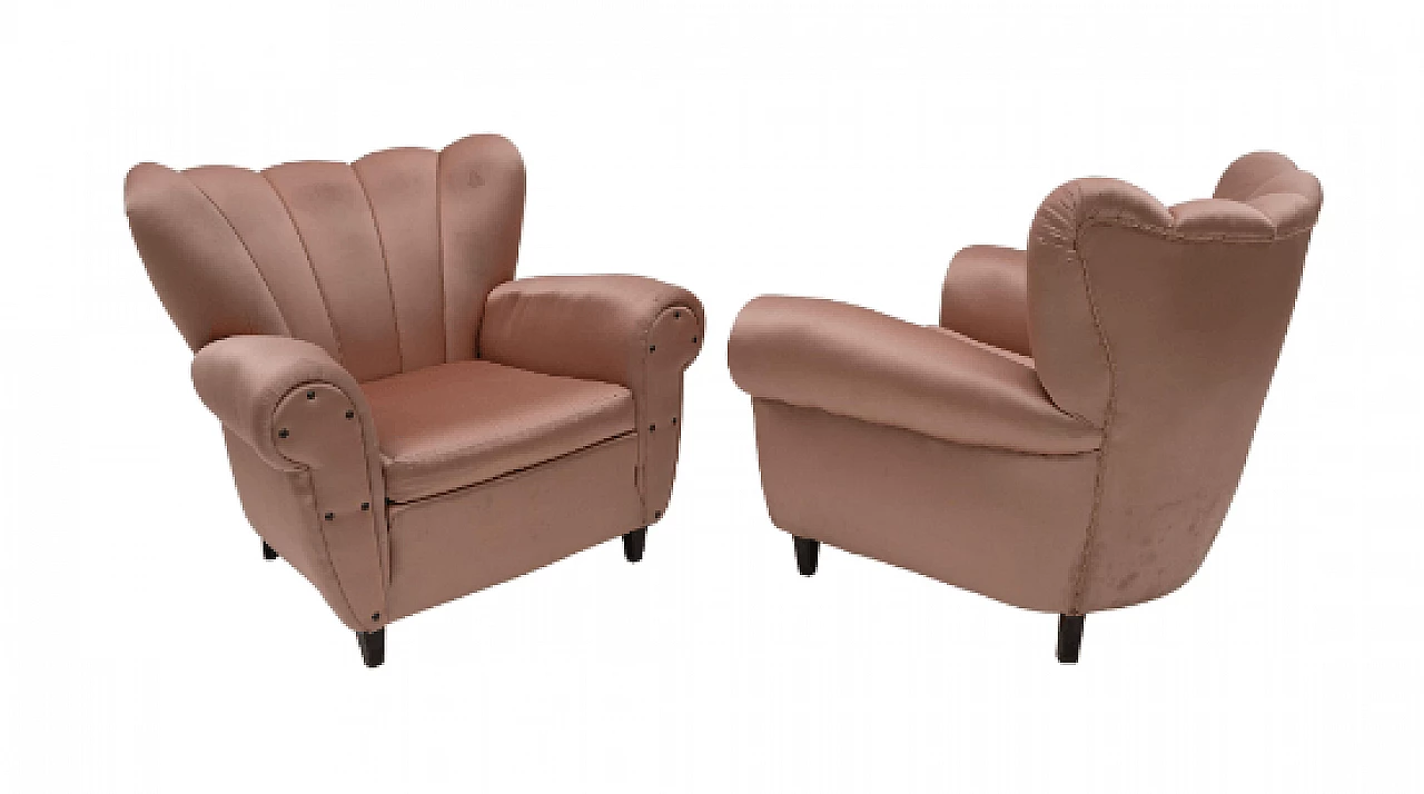 Pair of wood and satin armchairs in the style of Guglielmo Ulrich, 1950s 1